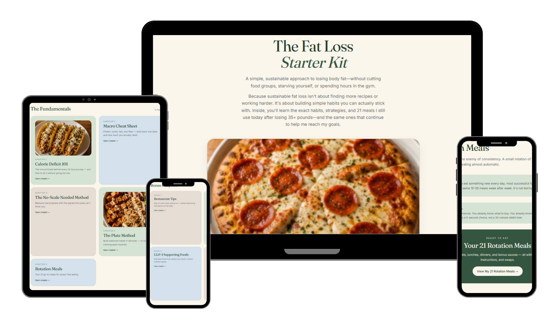 The Fat Loss Starter Kit shown on desktop, tablet, and phone